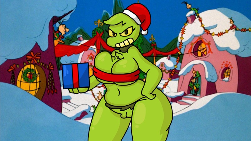 barely_contained breasts clothed clothing crossgender detailed_background exposed female genitals hand_on_hip looking_at_viewer not_furry pussy solo detnox dr._seuss how_the_grinch_stole_christmas! grinch humanoid 16:9 hi_res widescreen