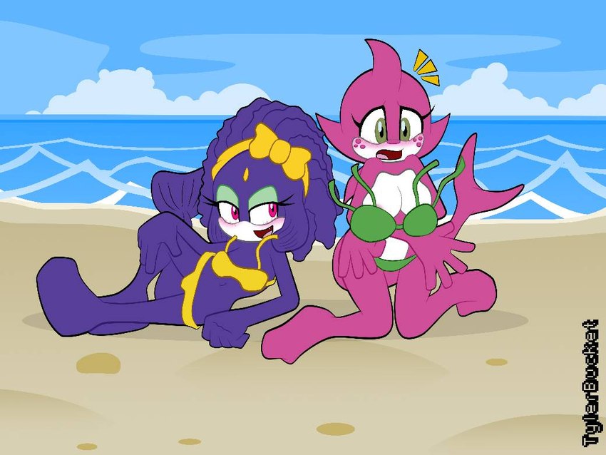 accessory anthro beach bikini bow_ribbon clothing duo embarrassed female green_bikini green_clothing green_swimwear hair_accessory hair_bow hair_ribbon purple_body purple_skin ribbons seaside shocked surprise swimwear two-piece_swimsuit wardrobe_malfunction wave yellow_bikini yellow_clothing yellow_swimwear omegatachyon archie_comics sega sonic_the_hedgehog_(archie) sonic_the_hedgehog_(comics) sonic_the_hedgehog_(series) echo_the_dolphin princess_undina cetacean dolphin fish hybrid mammal marine toothed_whale 4:3