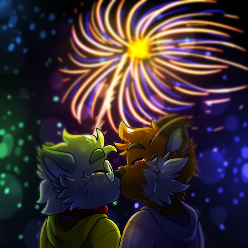 blue_body blue_fur duo eyes_closed eyewear fireworks fur glasses kissing orange_body orange_fur smile crownedvictory sampson_(thymetime) tailskemon ailurid canid canine felid feline fox mammal red_panda 1:1