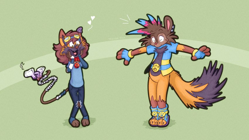 ambiguous_gender anthro clothed clothing cuffs_(clothing) duo fingerless_gloves footwear fox_tail fur gloves handwear happy head_swap head_swapping jacket markings mouse_tail open_clothing open_jacket open_topwear orange_body orange_fur overjoyed shocked shoes socks tail tail_wraps toeless_footwear toeless_shoes toeless_socks topwear whisker_markings wraps yellow_eyes trevor-fox trevor-fox_(character) canid canine fox mammal mouse murid murine rodent 16:9 widescreen