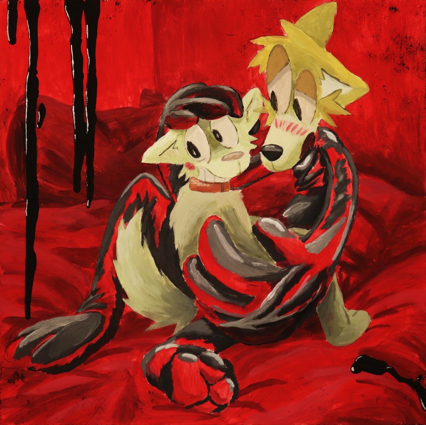 ambiguous_gender anthro bed blush blush_lines clothing collar duo fur furniture latex latex_clothing liquid_latex male male/male on_lap painting pillow red_background simple_background sitting_on_lap white_body white_fur yellow_body yellow_fur bunnymutt canid canine canis domestic_dog mammal absurd_res acrylic_painting_(artwork) hi_res