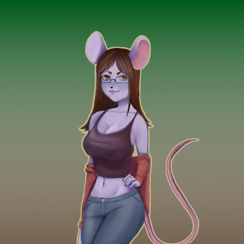 anthro big_breasts big_ears blush bottomwear breasts brown_clothing brown_eyes brown_hair brown_topwear buckteeth cleavage clothed clothing denim denim_bottomwear denim_clothing eyelashes eyewear female fur glasses green_background grey_background grey_bottomwear grey_clothing grey_jeans grey_pants hair hand_on_hip jeans long_hair long_tail looking_at_viewer navel pants pink_tail purple_body purple_fur rectangular_glasses simple_background solo tail teeth thick_thighs topwear wide_hips sdooh_(artist) mammal mouse murid murine rodent hi_res