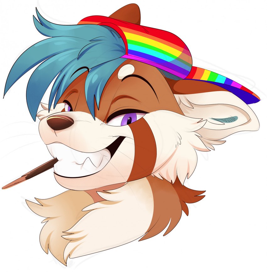 anthro backwards_baseball_cap backwards_hat baseball_cap biped blue_hair brown_body brown_fur brown_nose brush cheek_tuft chest_tuft clothing eyebrows facial_tuft fur grin hair hat headgear headwear inner_ear_fluff lgbt_pride male multicolored_baseball_cap multicolored_body multicolored_clothing multicolored_fur multicolored_hat multicolored_headwear paintbrush pride_color_baseball_cap pride_color_clothing pride_color_hat pride_color_headwear pride_colors purple_eyes rainbow_pride_clothing rainbow_pride_colors rainbow_symbol seven-stripe_rainbow_pride_colors simple_background smile solo teeth tuft white_background white_body white_ears white_fur white_inner_ear feve ailurid mammal red_panda 2021 headshot_portrait hi_res icon portrait sketch