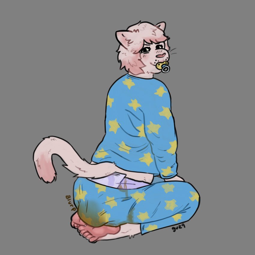 ageplay ambiguous_gender anthro blue_bottomwear blue_clothing blue_shirt blue_topwear bottomwear clothing diaper diaper_outline eyelashes feces feces_in_diaper feet fully_clothed_anthro fur hair infantilism looking_at_viewer narrowed_eyes object_in_mouth pacifier pacifier_in_mouth pajamas pawpads pink_hair pooping purple_diaper rear_view roleplay shirt sitting sitting_on_ground smile soiled_diaper soiling soiling_bottomwear soiling_diaper soiling_pants soles solo squint topwear unclean_diaper used_diaper whisker_spots whiskers white_body white_fur guz9 mya_(guz9) domestic_cat felid feline felis mammal 1:1 digital_drawing_(artwork) digital_media_(artwork) hi_res nonbinary_(lore)