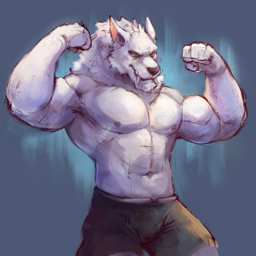 abs anthro boxer_briefs clothing fangs flexing fur male muscular muscular_anthro muscular_male nipples pecs solo teeth underwear white_body white_fur notsophatmatt blizzard_entertainment warcraft canid mammal werecanid werecreature worgen 1:1 hi_res