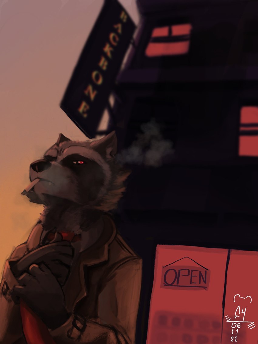 anthro cheek_tuft clothed clothing detailed_background facial_tuft fur humanoid_hands necktie outside sky smoking solo text tuft white_body white_fur g4brield tails_noir howard_lotor mammal procyonid raccoon 2021 3:4 english_text hi_res