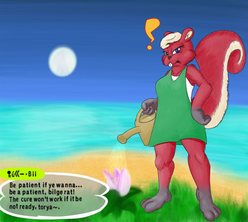 angry anthro beach blonde_hair blue_eyes clothing dialogue dialogue_box dress female fur gloves_(marking) grass green_clothing green_dress hair hand_on_hip leg_markings markings moon night outside plant red_body red_fur shirt shore socks_(marking) solo topwear undershirt watering_can watering_flower lendri_mujina animal_crossing nintendo shaki_(animal_crossing) mammal rodent sciurid tree_squirrel absurd_res hi_res