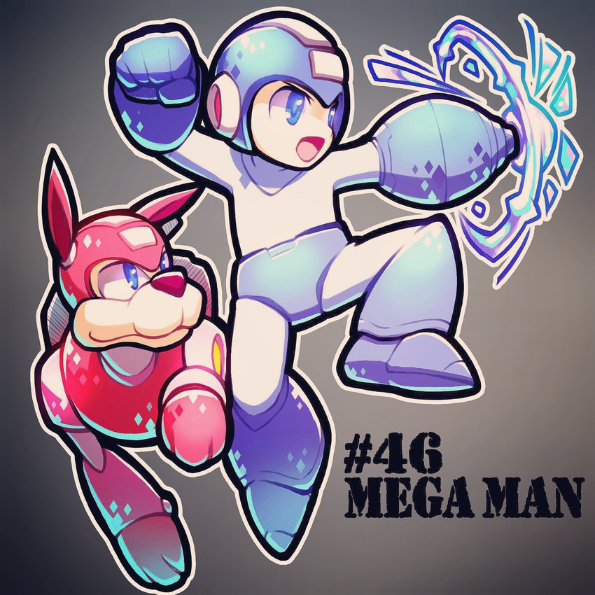 blue_eyes duo machine male open_mouth simple_background text quas-quas capcom mega_man_(series) mega_man_(character) rush_(mega_man) canid canine mammal robot 1:1 2019 english_text hi_res signature