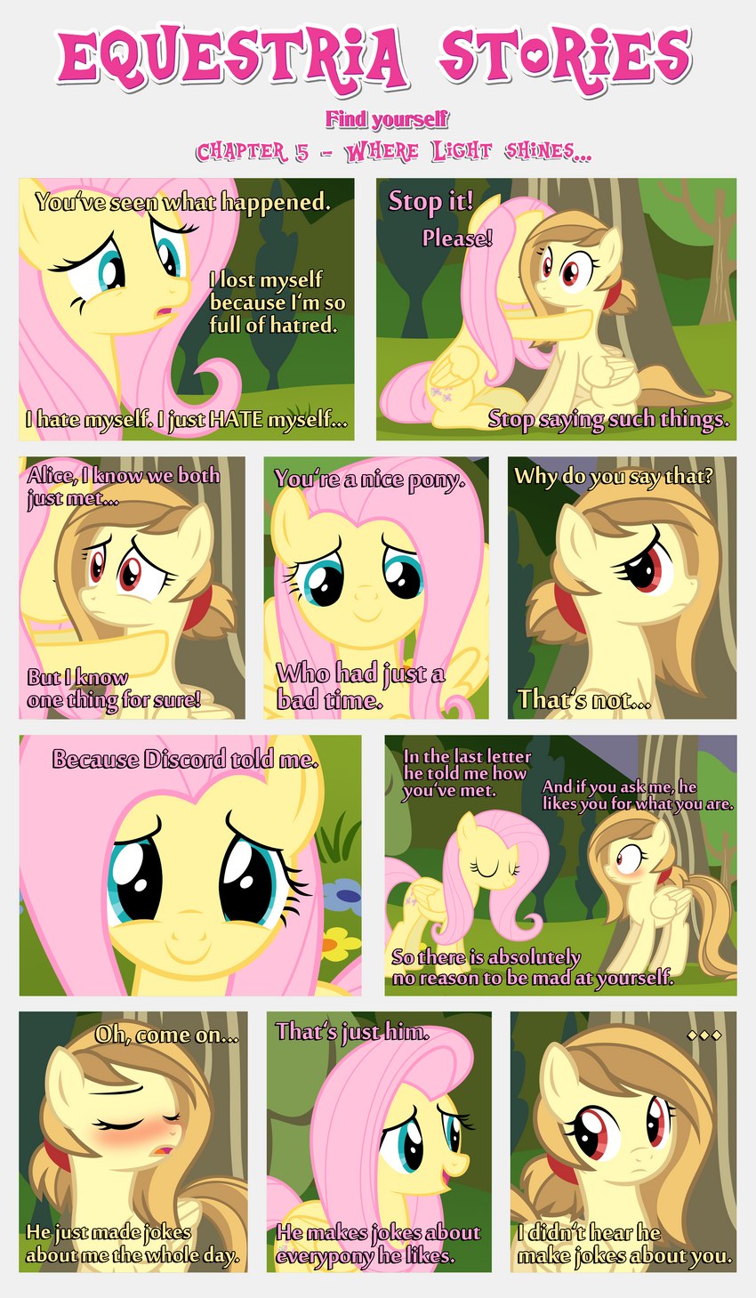 black_border blush border caring cutie_mark dialogue duo ears_up embarrassed eyes_closed feathered_wings feathers female feral flower folded_wings frown grass hug open_mouth plant sad sitting smile standing text tree wide_eyed wings yellow_body yellow_feathers yellow_wings estories friendship_is_magic hasbro my_little_pony mythology alice_goldenfeather_(estories) fluttershy_(mlp) equid equine mammal mythological_creature mythological_equine pegasus absurd_res english_text hi_res