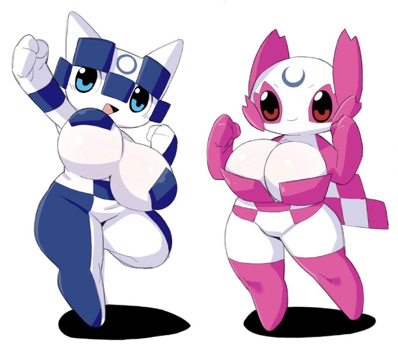 big_breasts blue_eyes breasts crossgender duo female mascot not_furry red_eyes simple_background white_background sakana8888888 2020_tokyo_olympics olympics miraitowa someity unavailable_at_source