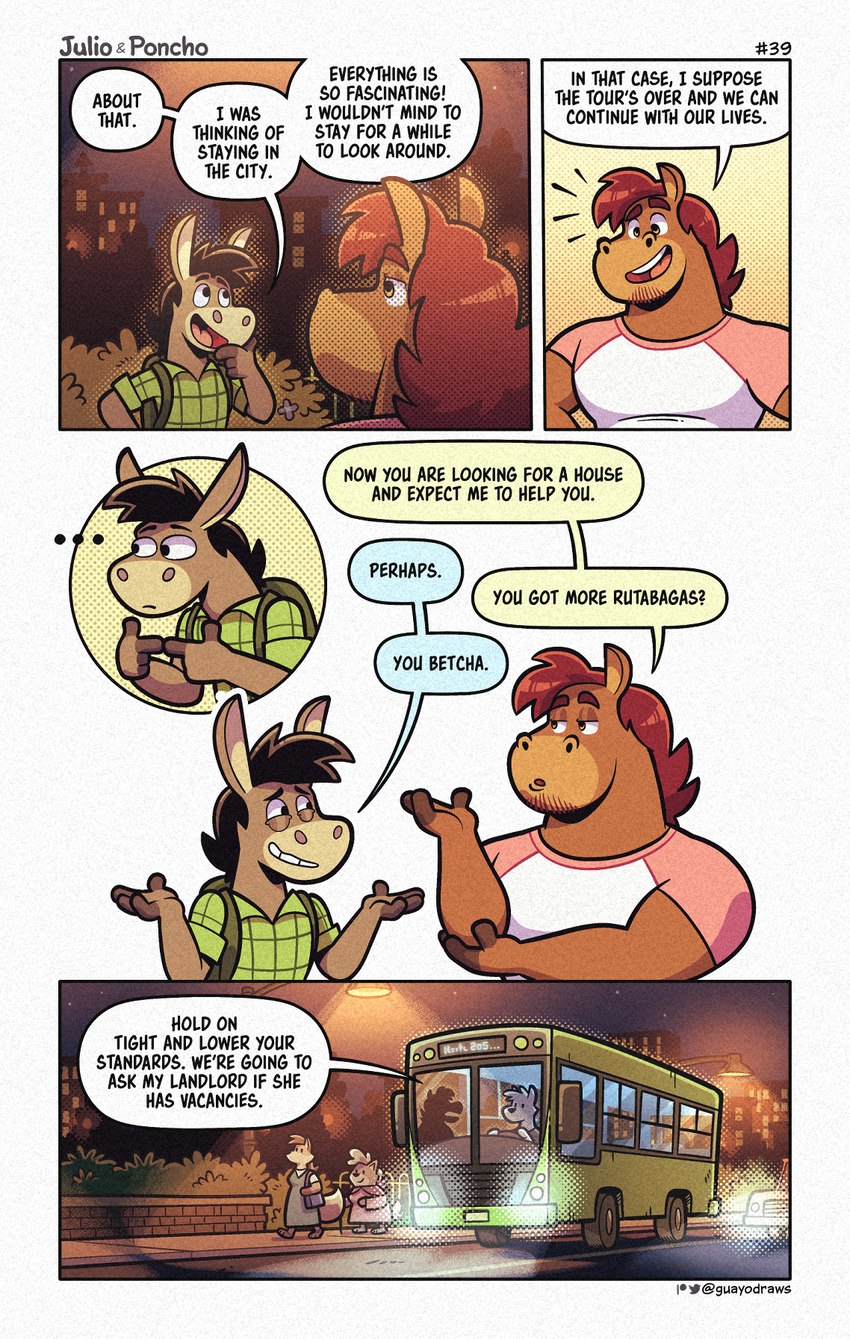 anthro backpack brown_body bus clothing commercial_vehicle detailed_background dialogue inside_bus male night outside public_transportation shirt text topwear vehicle vehicle_for_hire guayodraws julio_(julio_&_poncho) poncho_(julio_&_poncho) asinus donkey equid equine horse mammal 2023 comic english_text hi_res