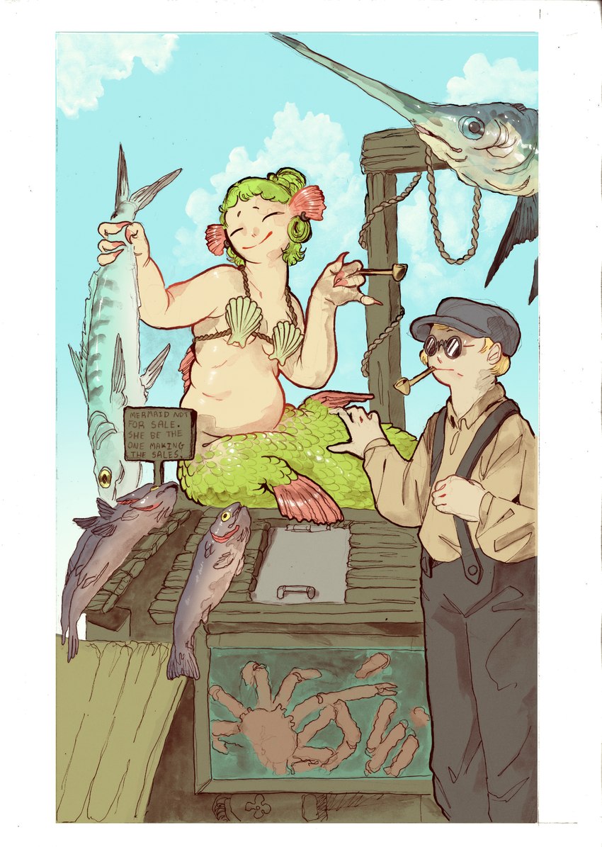 4_fingers 5_fingers bra breasts clothed clothing duo ear_piercing ear_ring female fin fingers green_body green_hair green_scales hair hat headgear headwear legless male piercing ring_piercing scales seashell_bra smoking_pipe split_form tail tail_fin text underwear scribbltyhibblty arthropod billfish crab crustacean decapoda fish human humanoid_merfolk istiophoriform malacostracan mammal marine merfolk swordfish absurd_res english_text hi_res