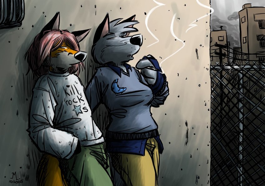 alternative_fashion casual_clothing cigarette city duo female frown male punk smoking urban emmm roland_guiscard skye_bridges canid canine canis fox mammal wolf