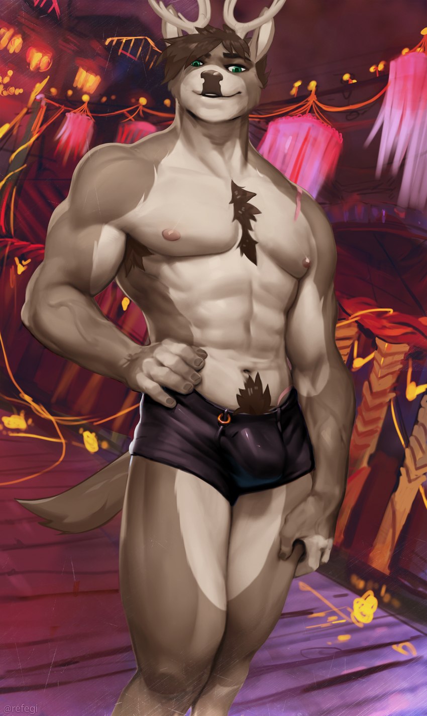 anthro antlers brown_hair bulge chest_tuft clothed clothing detailed_background fur green_eyes hair hand_on_hip horn lamp lantern looking_at_viewer male muscular muscular_anthro muscular_male nipples pecs pubes scar smile solo standing tan_body tan_fur tuft underwear underwear_only refegi rook_(lazymoose) deer mammal absurd_res hi_res