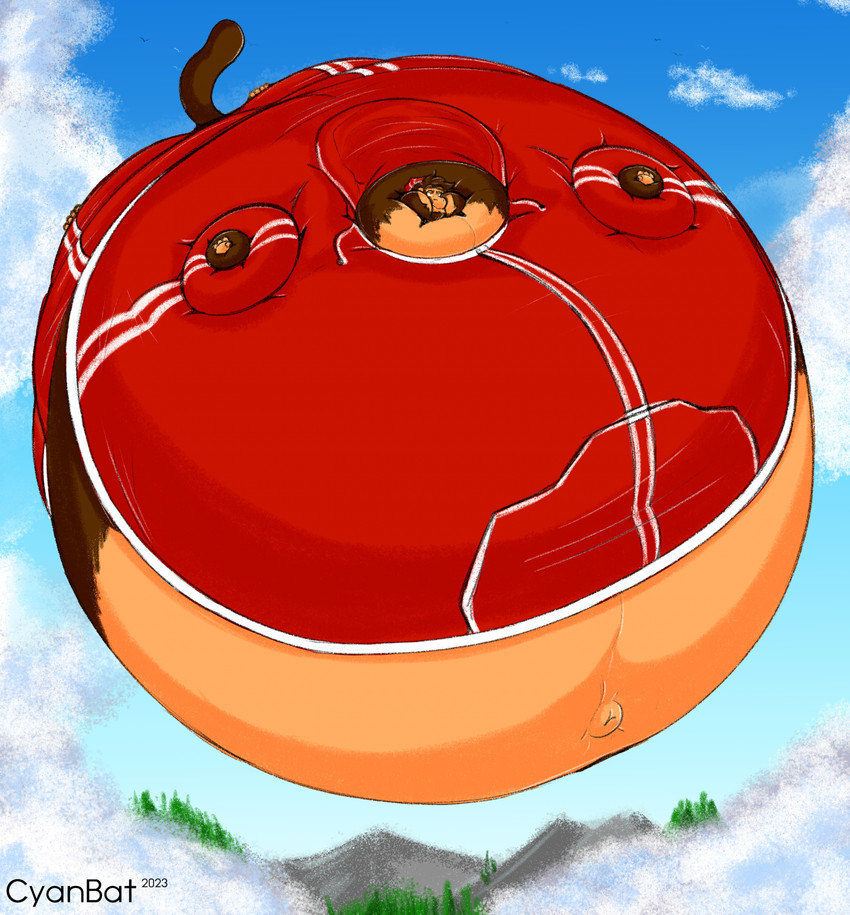 air_inflation anthro beanie belly belly_expansion belly_inflation big_belly body_inflation brown_body brown_fur clothed clothing cloud expansion exposed_belly floating fur hat headgear headwear helium_inflation hoodie huge_belly hyper hyper_belly hyper_inflation immobile inflation male mountain navel navel_popping outside plant puffed_cheeks smile solo spherical_inflation swollen_cheeks tan_body tan_fur text topwear tree cyanbat haplorhine mammal monkey primate 2023 artist_name dated hi_res