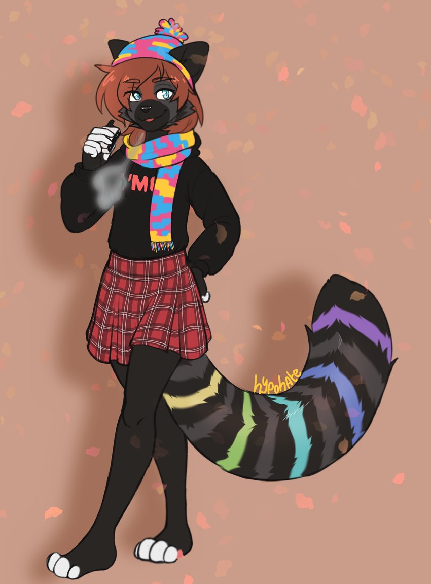 anthro autumn big_tail bottomwear clothing female hat headgear headwear multicolored_tail paws rainbow_tail scarf seasonal skirt solo sweatshirt tail vape vape_pen hypohate razumi ailurid mammal red_panda absurd_res hi_res