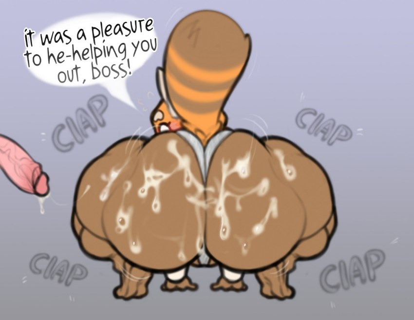 anthro ass_clapping big_butt blush bodily_fluids brown_body butt clothing crouching cum cum_on_butt duo erection exclamation_point female genital_fluids genitals huge_butt huge_thighs male markings onomatopoeia penis sound_effects striped_markings striped_tail stripes tail tail_markings text thick_thighs twerking underwear starreuges aggretsuko sanrio director_ton retsuko ailurid domestic_pig mammal red_panda suid suina sus_(pig) english_text