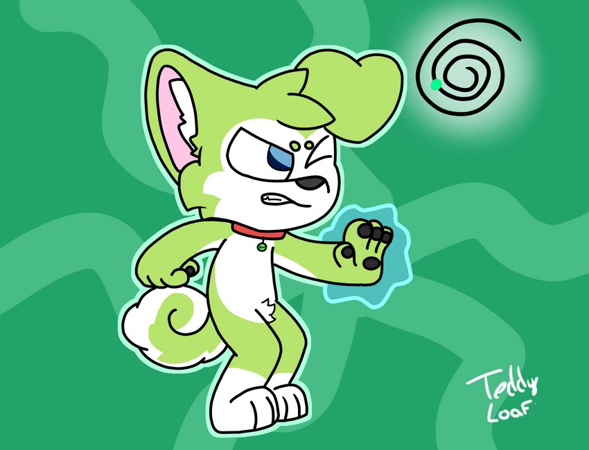 abstract_background anthro arm_by_side asymmetrical_ears aura bending_knees black_nose black_pawpads blue_eyes cheek_tuft circle_eyebrows clenched_teeth collar collar_tag crotch_tuft curled_tail ear_fur eyebrows facial_tuft feet fist fur fur_pattern green_background green_body green_fur head_tuft holding_out_hand looking_away male name_tag one_eye_closed pawpads paws pink_body pink_skin red_collar simple_background snout solo spiral struggling supernatural tail teeth teeth_showing text text_on_collar time_travel tuft white_body white_fur teddyloaf kiwifruitdev life_is_strange kiwano_maxwell canid canine canis domestic_dog husky mammal nordic_sled_dog spitz absurd_res digital_drawing_(artwork) digital_media_(artwork) hi_res signature unavailable_at_source watermark