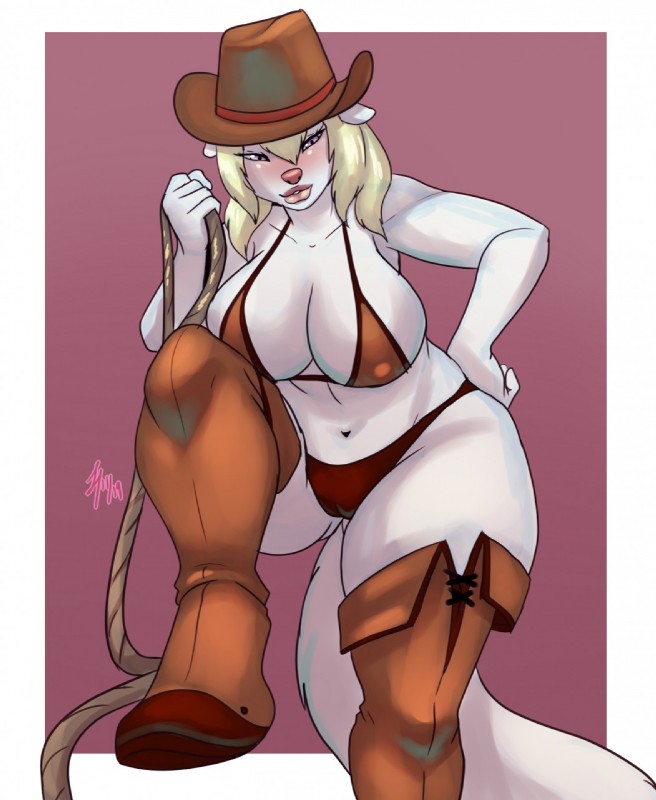 anthro big_breasts bikini bikini_cowgirl blonde_hair blush boots breasts camel_toe clothing cowboy_hat female footwear fur hair hat headgear headwear holding_object huge_breasts lipstick looking_at_viewer makeup navel one_leg_up raised_leg rope shoes solo swimwear two-piece_swimsuit white_body white_fur lavenderpandy jessica_harrington mammal mink mustelid musteline true_musteline 2019 hi_res