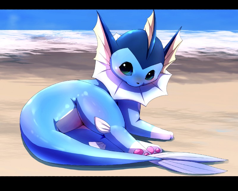 ambiguous_gender beach black_bars butt feet feral hindpaw lying on_side outside pawpads paws sand seaside solo tail water rag._(artist) nintendo pokemon eeveelution generation_1_pokemon pokemon_(species) vaporeon letterbox