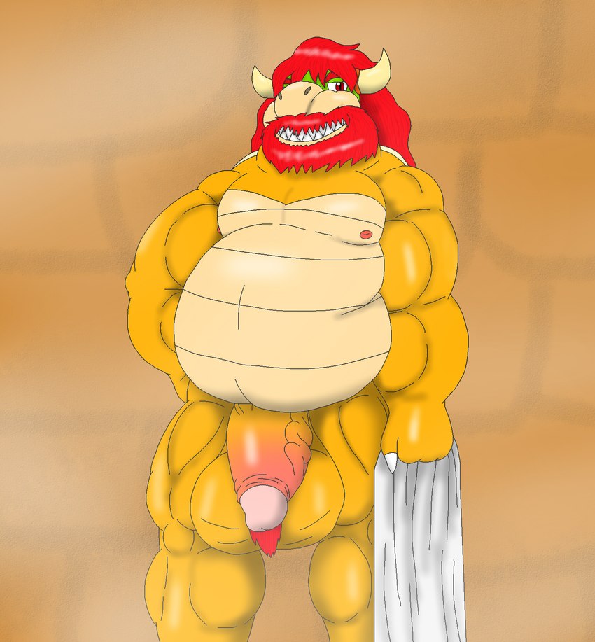 anthro balls beard belly big_balls big_belly big_penis body_hair facial_hair genitals hairy_balls holding_object holding_towel huge_balls huge_belly huge_penis male muscular muscular_male penis sauna solo towel alythewolfcat mario_bros nintendo bowser koopa scalie hi_res