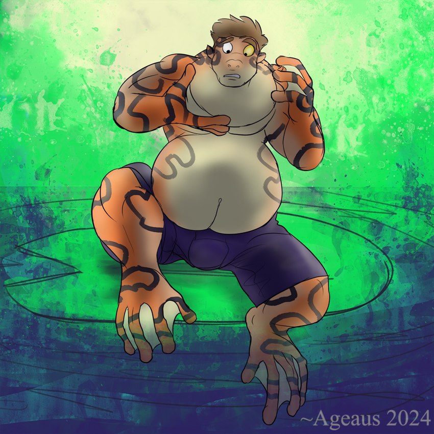 anthro belly big_belly brown_hair bulge clothed clothing dewlap_(anatomy) feet gular_sac hair hand_on_neck human_to_anthro lily_pad looking_at_hand male membrane_(anatomy) mid_transformation navel orange_body orange_skin overweight overweight_anthro overweight_male plant sitting solo species_transformation striped_body striped_skin stripes text toes topless transformation water webbed_feet webbed_hands weight_gain worried ageaus amphibian frog human mammal 1:1 2024 artist_name