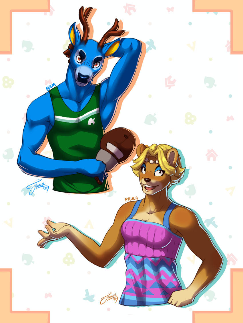 anthro antlers athletic athletic_male baseball_cap blue_body blue_fur breasts brown_body brown_fur clothed clothing dress duo eyeshadow female freckles fully_clothed fur hand_behind_head hat headgear headwear horn looking_at_viewer makeup male open_mouth shirt tank_top topwear feralise animal_crossing nintendo bam_(animal_crossing) paula_(animal_crossing) bear deer mammal hi_res