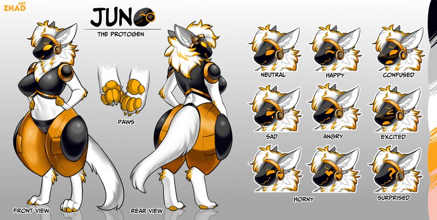 anthro armor big_breasts big_butt breasts butt clothing emotion_chart female fluffy fur huge_breasts legwear long_tail machine pawpads paws solo tail text thick_thighs thigh_highs white_body white_fur wide_hips zhadart my_furry_protogen juno_(my_furry_protogen) protogen absurd_res english_text hi_res model_sheet