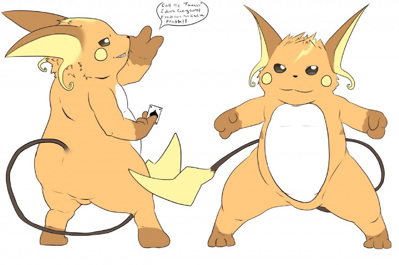 ace_of_spades action_pose butt card dialogue featureless_crotch feral male nude playing_card pose simple_background slightly_chubby solo spread_legs spreading standing talking_to_viewer text white_background heibanhikaru nintendo pokemon fan_character generation_1_pokemon mammal pokemon_(species) raichu rodent digital_media_(artwork) english_text flat_colors