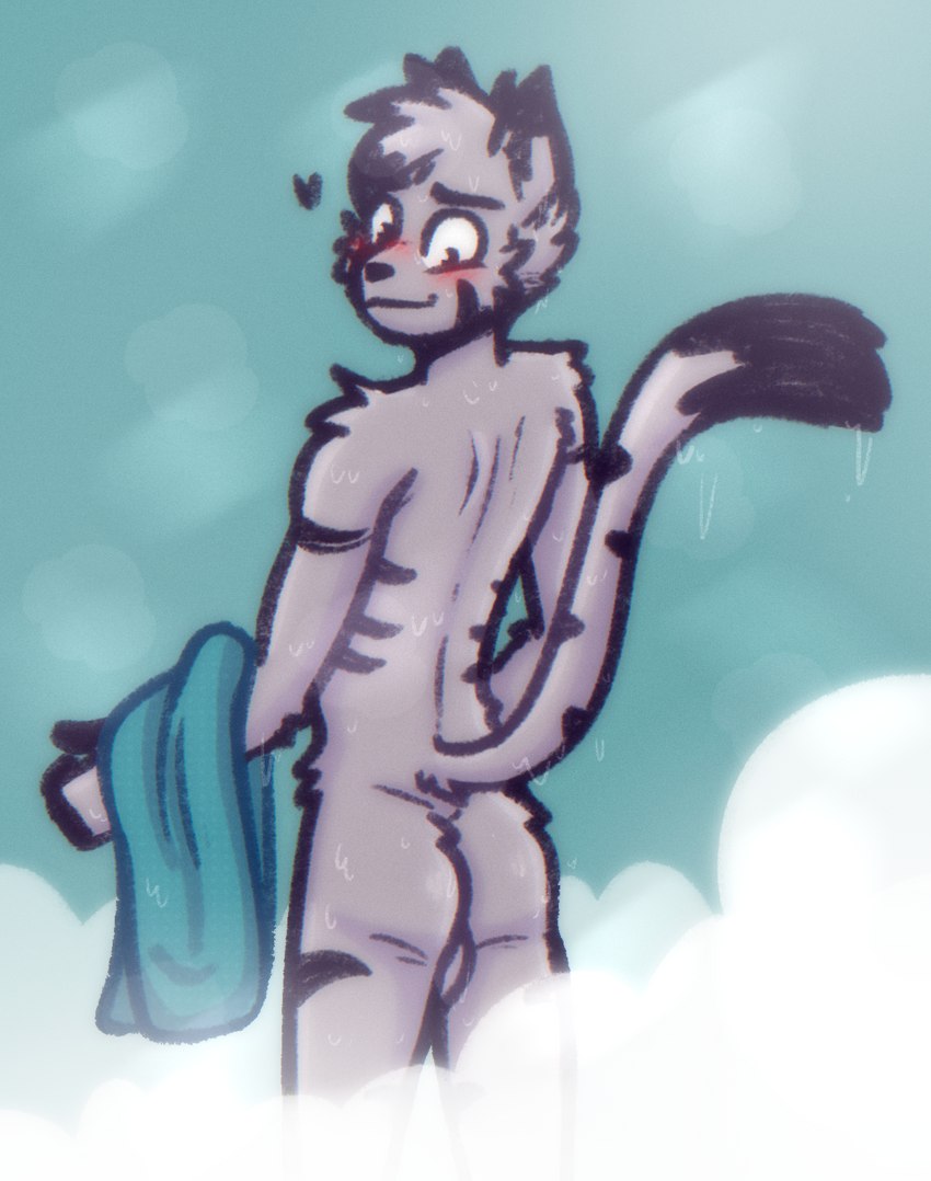 anthro ass_out balls blush butt fur fur_markings genitals grey_body grey_fur hair looking_at_butt looking_back male markings multicolored_body multicolored_fur nude self_love shower simple_background smile smiles solo standing steam tail tail_markings towl water wet solarlewds jinx_(solarlewds) felid feline mammal digital_media_(artwork) hi_res