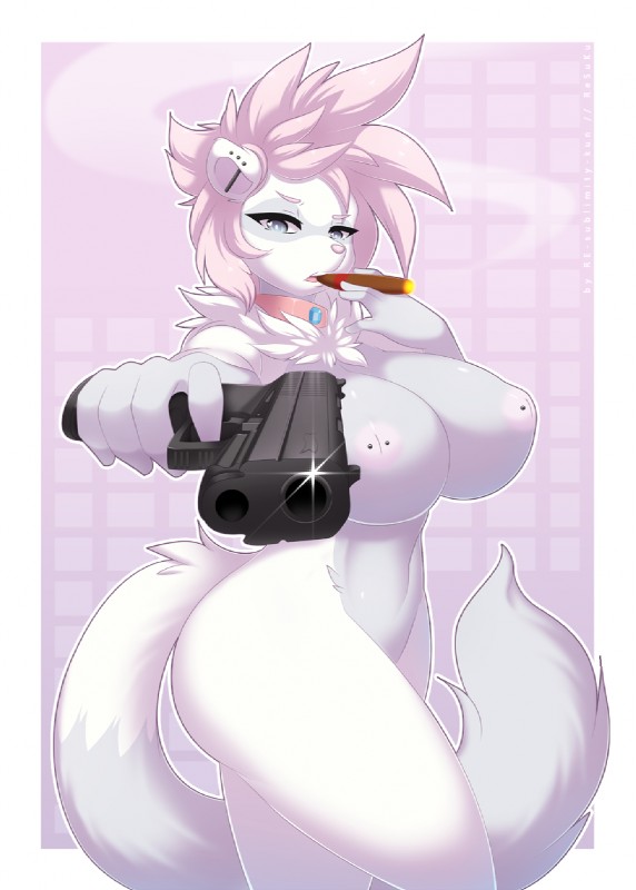 anthro areola big_breasts border breasts chest_tuft cigar collar female fur gem grey_eyes gun hair handgun inverted_nipples nipple_piercing nipples piercing pink_areola pink_background pink_hair pink_nipples pink_nose pistol ranged_weapon sapphire_(gem) simple_background smoking solo sparkles threatening threatening_with_weapon tuft weapon white_body white_border white_fur white_hair re-sublimity-kun sober_(character) domestic_ferret mammal mustelid musteline true_musteline weasel digital_media_(artwork) hi_res portrait three-quarter_portrait