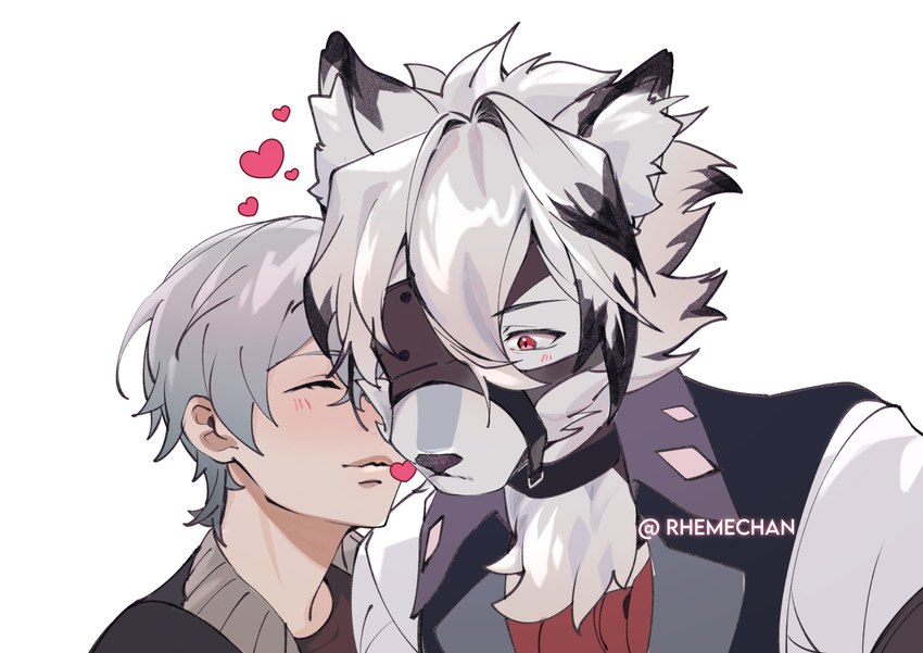 anthro ascot blush clothing duo fur grey_hair hair harness heart_symbol kissing_cheek leather leather_harness male male/male topwear vest white_body white_fur rhemechan mihoyo zenless_zone_zero von_lycaon wise_(zenless_zone_zero) canid canine canis human mammal wolf