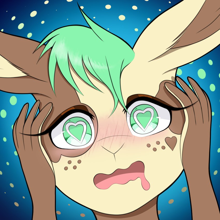 ambiguous_gender anthro blue_background blushing_profusely bodily_fluids brown_body brown_eyelids brown_freckles brown_fur drooling eyelashes freckles fur green_background green_circle green_eyes green_hair hair heart_(marking) heart_eyes heart_symbol long_eyelashes markings rabbit_ears saliva simple_background solo tan_body tan_fur caramelfox mint_mocha lagomorph leporid mammal rabbit 1:1 hi_res icon male_(lore)