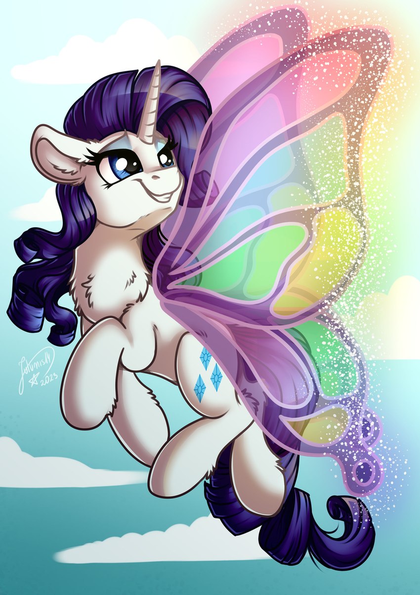 blue_eyes blue_eyeshadow chest_tuft cloud eyeshadow female feral flying fur hair horn insect_wings lepidopteran_wings makeup purple_hair sky solo sparkles tuft white_body white_fur wings julunis14 friendship_is_magic hasbro my_little_pony mythology rarity_(mlp) equid equine mammal mythological_creature mythological_equine unicorn winged_unicorn absurd_res hi_res