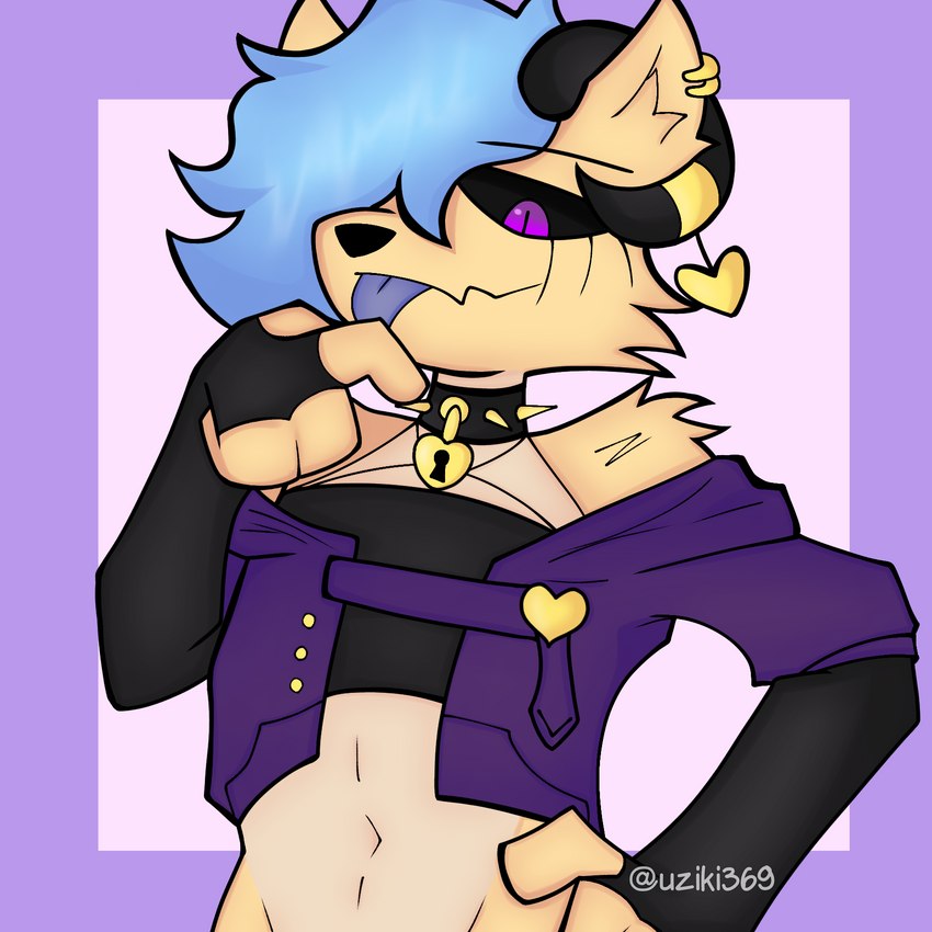 anthro biped black_sclera blep blue_hair blue_tongue clothing collar collar_tag ear_piercing ear_ring fingerless_gloves gloves hair hair_over_eye hand_on_hip handwear heart_symbol male midriff one_eye_obstructed piercing pupils purple_eyes ring_piercing slit_pupils solo spiked_collar spikes tongue tongue_out yellow_body uziki the_clouded_dusk_(cloud04) 1:1 digital_media_(artwork) half-length_portrait hi_res portrait