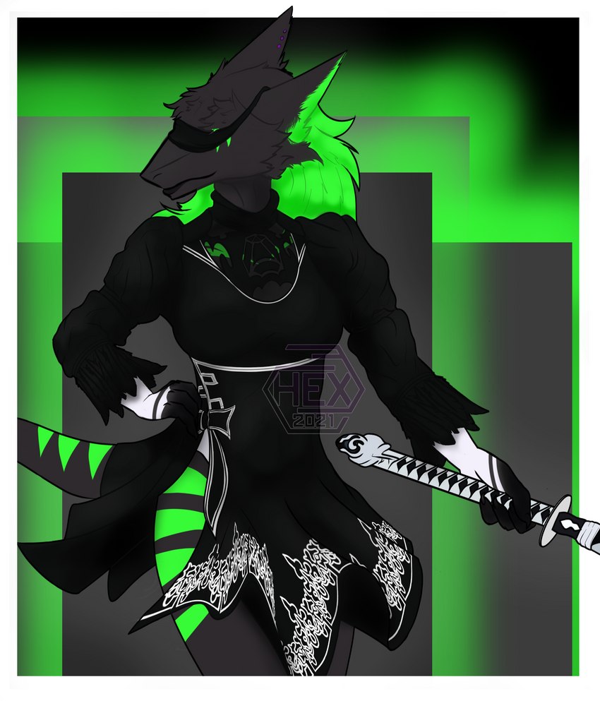 anthro black_body black_clothing black_fur blindfold border clothing cosplay ear_piercing female fur green_body green_fur melee_weapon piercing solo sword tail weapon white_border hex_sinstolus nier_automata nintendo platinumgames vilous yorha_2b sergal 2021 hi_res watermark