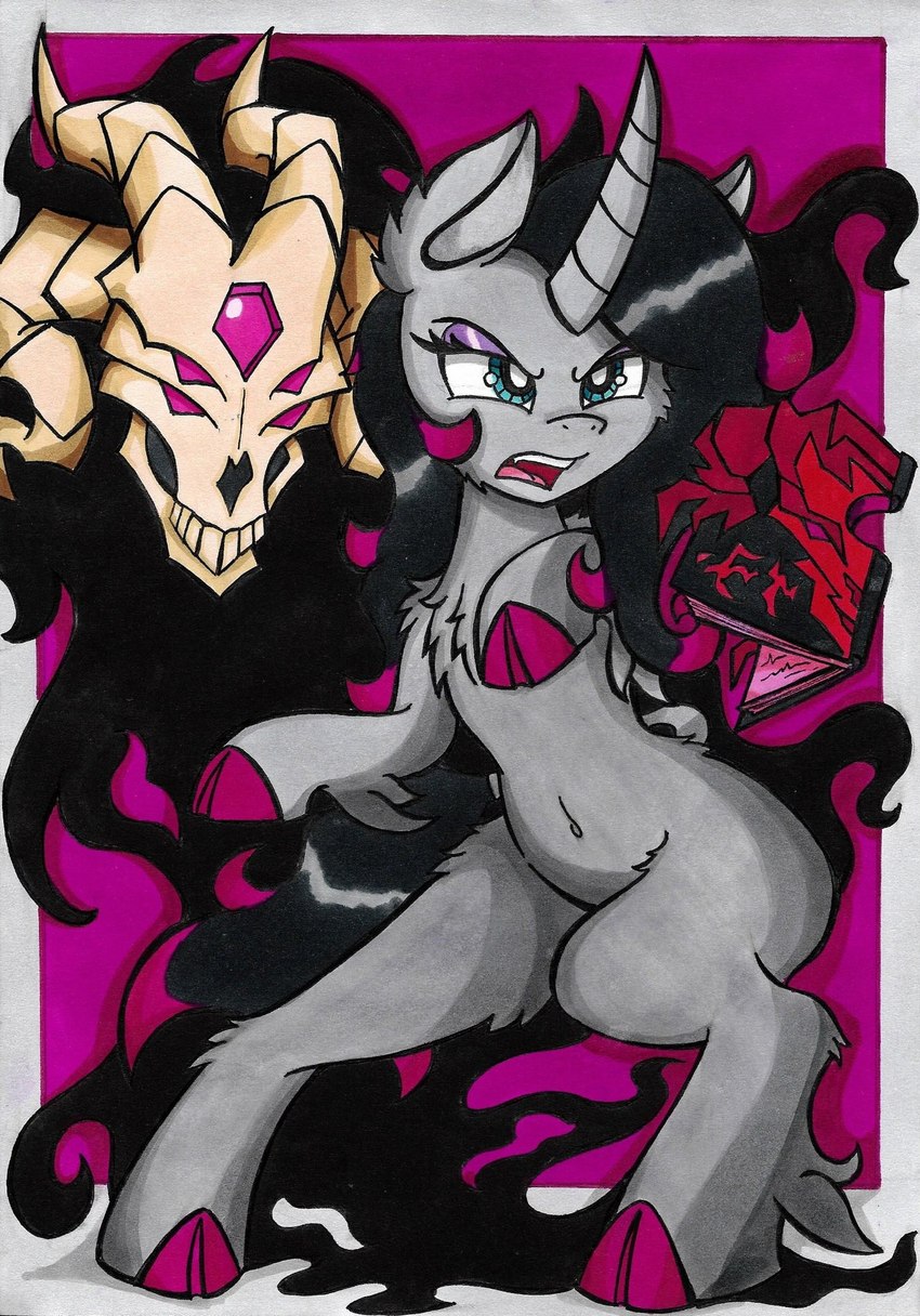 biped bipedal_feral black_hair black_tail blue_eyes book border chest_tuft cloven_hooves curved_horn duo eyeshadow female feral fur grey_body grey_fur hair hooves horn makeup navel on_hind_legs open_mouth purple_eyeshadow purple_hooves tail tuft unicornomicon canvy_(artist) mythology them's_fightin'_herds fhtng_the_unspeakable oleander_(tfh) demon equid equine mammal mythological_creature mythological_equine unicorn 2019 full-length_portrait hi_res portrait traditional_media_(artwork)