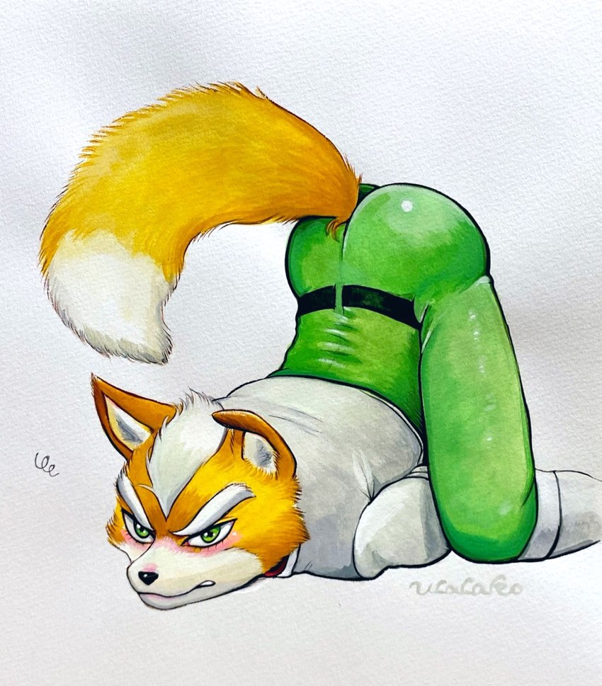 anthro ass_up blush bodysuit bubble_butt butt clothing fur green_eyes jumpsuit male orange_body orange_fur skinsuit solo tight_clothing ulala_ko nintendo star_fox fox_mccloud canid canine fox mammal hi_res