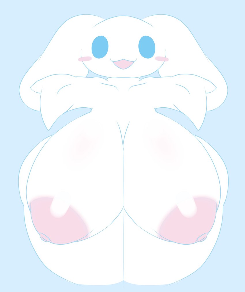 anthro big_breasts big_butt blue_background blue_eyes breasts butt crossgender female fur huge_breasts hyper hyper_breasts long_ears looking_at_viewer mtf_crossgender nude simple_background solo white_body white_fur tha_randomu cinnamoroll sanrio cinnamon_(cinnamoroll) canid canine canis domestic_dog mammal hi_res