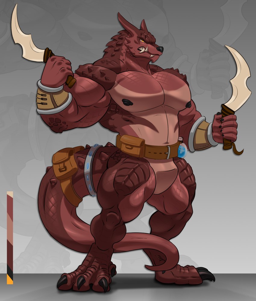 accessory amber_eyes anthro bag belt belt_pouch biceps biped blade bladed_weapon bracelet claws digitigrade fangs featureless_crotch foreshadowing furgonomics gradient_background holding_object holding_weapon horn jewelry knife liquid male manly muscular muscular_anthro muscular_legs muscular_male muscular_thighs nipples palette pecs pouch_(clothing) red_body red_scales red_skin ring scales serratus sharp_teeth simple_background solo spiked_tail spikes spikes_(anatomy) standing tail tail_accessory tail_bag tail_jewelry tail_ring teeth toe_claws weapon wristband valentinesartx kobold scalie 2024 hi_res
