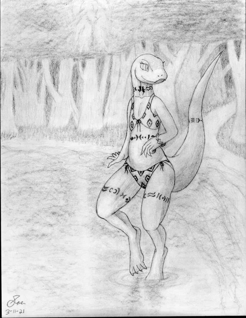 4_toes 5_fingers anthro bangle belly belly_tattoo big_tail bikini bikini_bottom bikini_top biped bottomwear bracelet clothed clothing cute_fangs detailed_background digitigrade eyelashes fangs feet female fingers flat_chested forest front-tie_bikini front-tie_clothing front-tie_swimwear front_view jewelry lake leg_tattoo light long_tail looking_away looking_back membrane_(anatomy) neck_tattoo one_leg_up outside partially_submerged pattern_bikini pattern_bottomwear pattern_clothing pattern_swimwear pattern_topwear plant raised_leg raised_tail reflection shadow shore shoreline side-tie_bikini side-tie_clothing side-tie_swimwear smile solo standing_in_water string_bikini sunset swimwear symbol tail tail_tattoo tapering_tail tattoo teeth thick_tail toes topwear tree tribal tribal_tattoo two-piece_swimsuit walking water webbed_feet spe overlord_(series) crusch_lulu lizard lizardman lizardman_(overlord) reptile scalie 2021 absurd_res dated graphite_(artwork) greyscale hi_res monochrome shaded signature sketch traditional_media_(artwork)