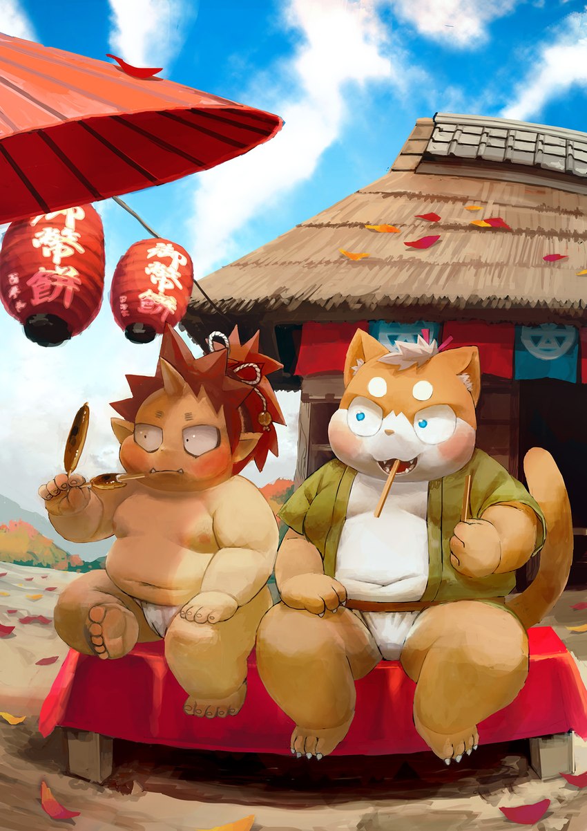 anthro asian_clothing belly blue_eyes blue_sky blush circle_eyebrows claws clothed clothing detailed_background duo east_asian_clothing eyebrows food fundoshi fundoshi_only fur hair horn japanese_clothing kemono male male/male moobs navel nipples overweight overweight_anthro overweight_male red_hair red_leaves sitting sky teeth topless underwear underwear_only white_belly white_hair yellow_body yellow_fur young young_anthro gappu asian_mythology east_asian_mythology japanese_mythology mythology demon domestic_cat felid feline felis mammal oni yokai hi_res