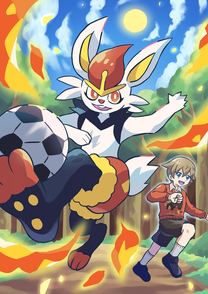 ambiguous_gender anthro ball cloud duo fire forest forest_background kick looking_at_viewer male nature nature_background open_mouth open_smile outside plant raised_hand sky smile soccer_ball sun tree doe_(artist) nintendo pokemon youngster_(pokemon) youngster_(pokemon_sword_and_shield) cinderace generation_8_pokemon human lagomorph leporid mammal pokemon_(species) absurd_res digital_drawing_(artwork) digital_media_(artwork) hi_res