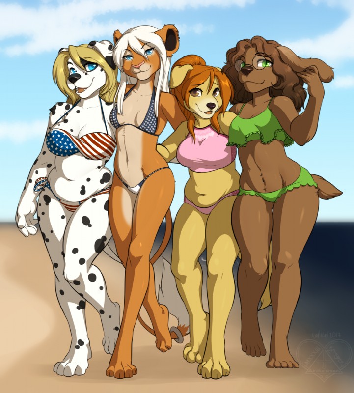 4_toes 5_fingers 5_toes :3 accessory american_flag_bikini anthro barefoot beach big_breasts bikini bikini_bottom bikini_top black_nose black_spots blonde_hair blue_eyes breast_size_difference breasts brown_body brown_eyes brown_fur brown_hair brown_nose button_ears cleavage clothed clothing cloud countershade_face countershade_legs countershade_neck countershade_thighs countershade_torso countershading day detailed_background dipstick_tail eyebrows eyelashes eyewear feet female fingers flag flag_bikini flag_clothing flag_print flag_swimwear floppy_ears fur furgonomics glasses green_bikini green_clothing green_eyes green_swimwear group hair jewelry long_hair looking_at_viewer lop_ears markings midriff multicolored_tail navel on_one_leg open_mouth orange_hair outside pink_bikini pink_clothing pink_nose pink_swimwear ponytail print_bikini print_clothing print_swimwear ring sand seaside side-tie_bikini side-tie_clothing side-tie_swimwear size_difference sky slightly_chubby slightly_chubby_female small_breasts smile spots spotted_body spotted_fur standing string_bikini swimwear tail tail_accessory tail_jewelry tail_markings tail_ring tail_tuft tan_body tan_countershading toes triangle_bikini tuft two-piece_swimsuit united_states_of_america walking water white_hair wide_hips kittydee alice_bellerose amy_labelle dakota_hazard nicole_evans bird_dog canid canine canis cocker_spaniel dalmatian domestic_dog felid golden_retriever hunting_dog lion mammal pantherine retriever spaniel 2017 digital_media_(artwork) hi_res shaded