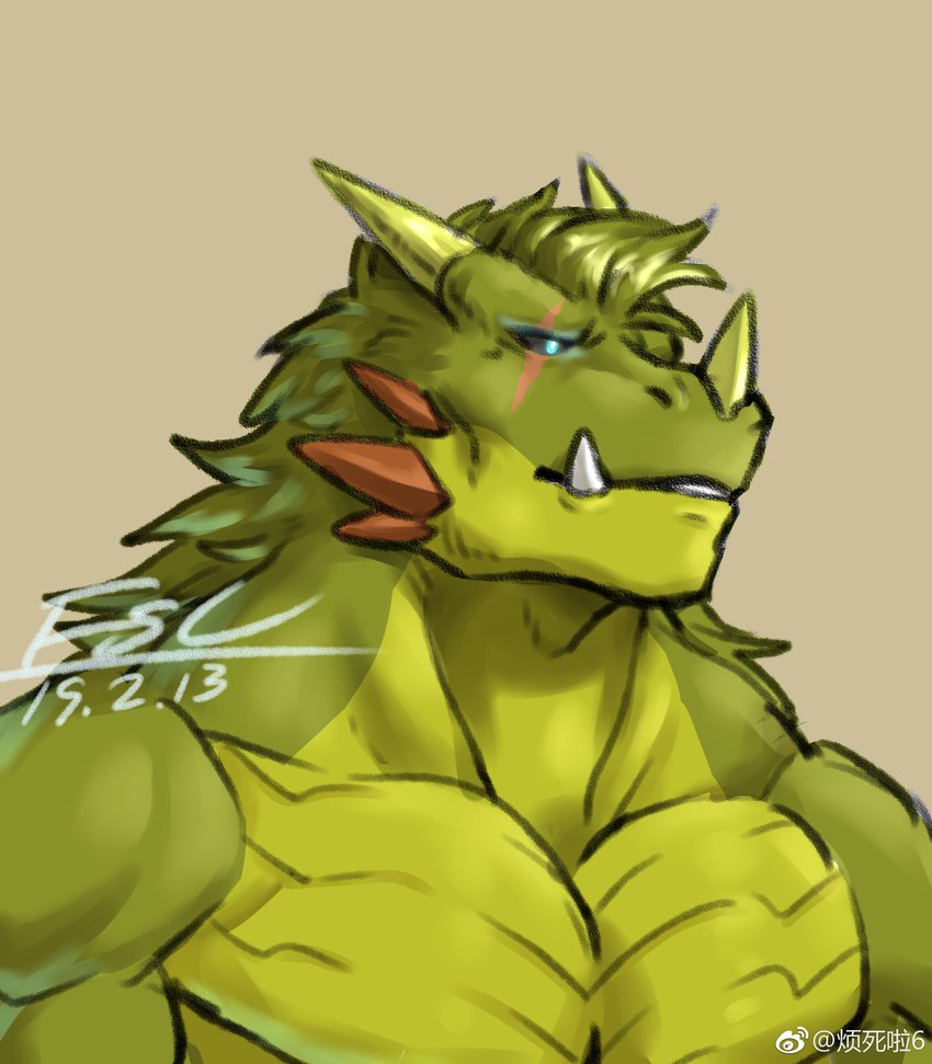 anthro blue_eyes brown_spikes countershading eye_scar facial_horn facial_scar facial_spikes fangs green_body green_hair green_horn green_scales hair head_horn horn jaw_spikes male muscular muscular_anthro muscular_male nose_horn pecs scales scar solo spikes spikes_(anatomy) teeth weibo_logo fansl mythology weibo crever_(fansl) dragon mythological_creature mythological_scalie scalie wingless_dragon 2019 absurd_res bust_portrait dated digital_media_(artwork) hi_res portrait signature