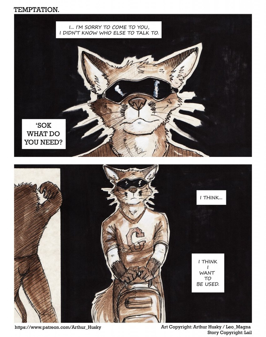 anthro black_background black_text clothing dialogue doorway duo eyewear glasses holding_backpack male male/male shirt simple_background t-shirt tail text topwear website_url leomagna domestic_cat felid feline felis lion mammal pantherine english_text hi_res monochrome url