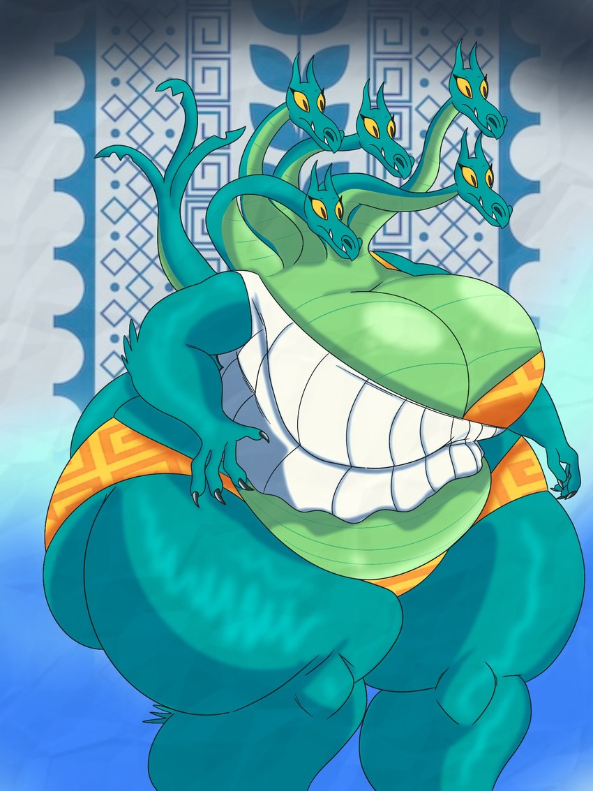 5_heads anthro big_breasts big_butt breasts butt clothed clothing countershading female green_body green_countershading multi_head non-mammal_breasts obese overweight solo tail thick_thighs itsyairishboi european_mythology greek_mythology krapopolis mythology camille_(krapopolis) dragon hydra mythological_creature mythological_scalie scalie western_dragon 3:4 hi_res