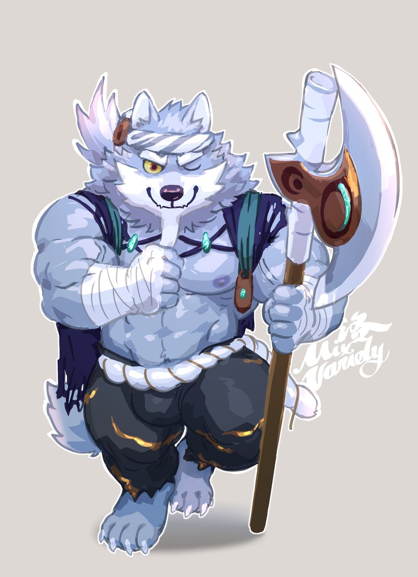 5_fingers anthro fingers fur grey_body grey_fur grey_nipples grey_tail hand_wraps humanoid_hands lumberjack male muscular muscular_anthro muscular_male nipples solo tail wraps mixvariety sdorica law_(sdorica) canid canine canis mammal wolf 2021 absurd_res colored hi_res signature