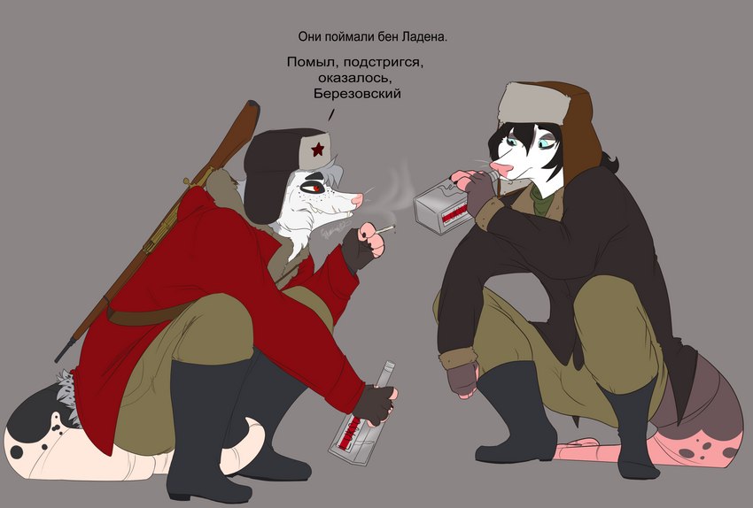 alcohol anthro beverage comrade crouching drinking duo humor joke male mosin-nagant shitpost slav_squat smoking text vodka possumgod lliam ryder_the_pirate_(possumgod) american_opossum mammal marsupial absurd_res hi_res meme russian_text