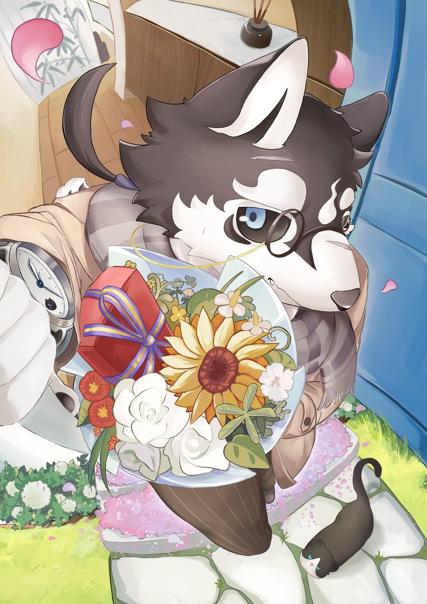 anthro black_body black_fur black_nose blue_eyes bouquet clock clothed clothing coat eyewear feral flower flower_bouquet fully_clothed fur glasses looking_at_viewer male markings outside petals plant rose_petals scar scarf solo standing topwear watch white_body white_fur hechaxianzhi lifewonders tokyo_afterschool_summoners masanori_(tas) canid canine canis domestic_cat domestic_dog felid feline felis mammal tuxedo_cat 2024 absurd_res digital_drawing_(artwork) digital_media_(artwork) hi_res